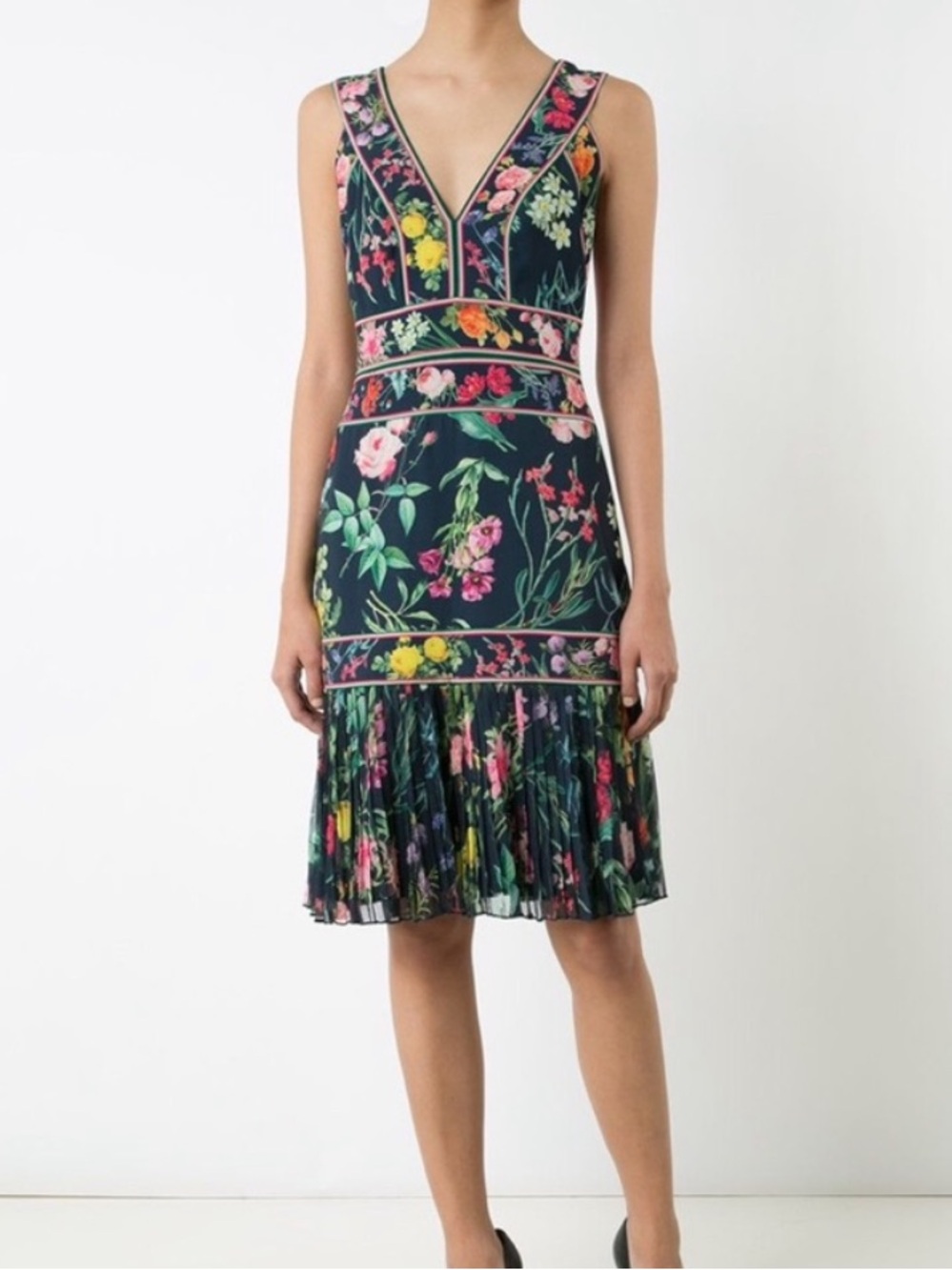 Tadashi Shoji Olga Floral Print Sleeveless Plunge Pleated Dress